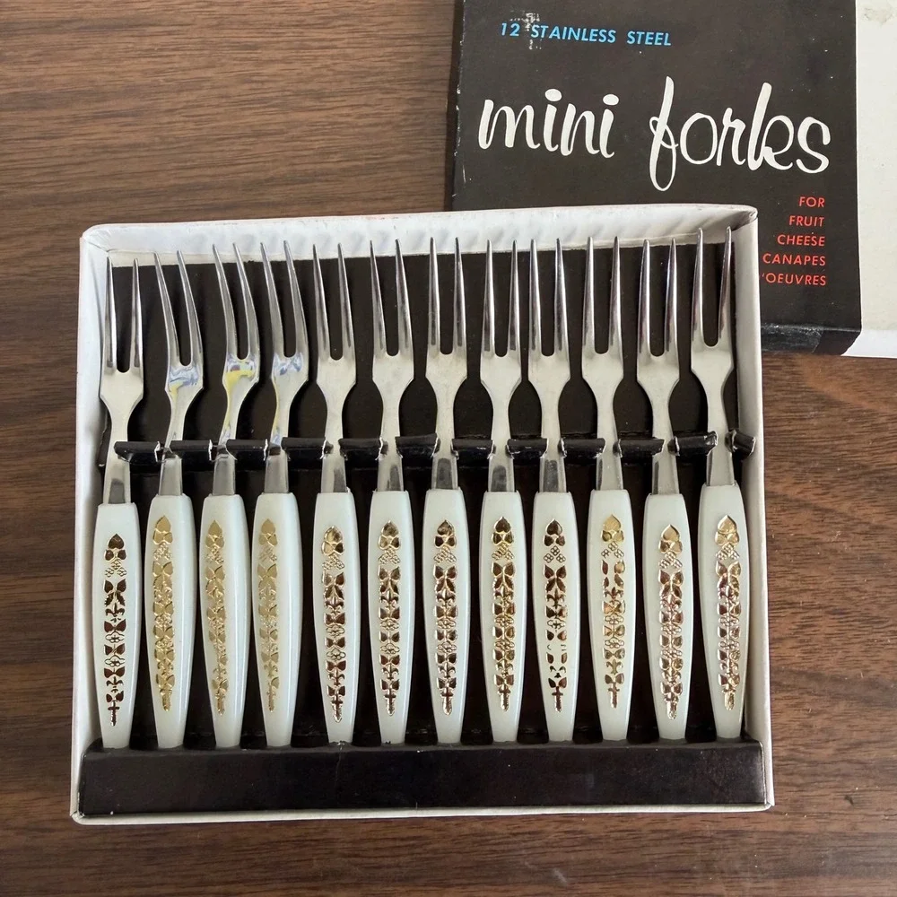 Vintage MCM Stainless Steel Mini Appetizer Forks Gold Filigree White Handles 12